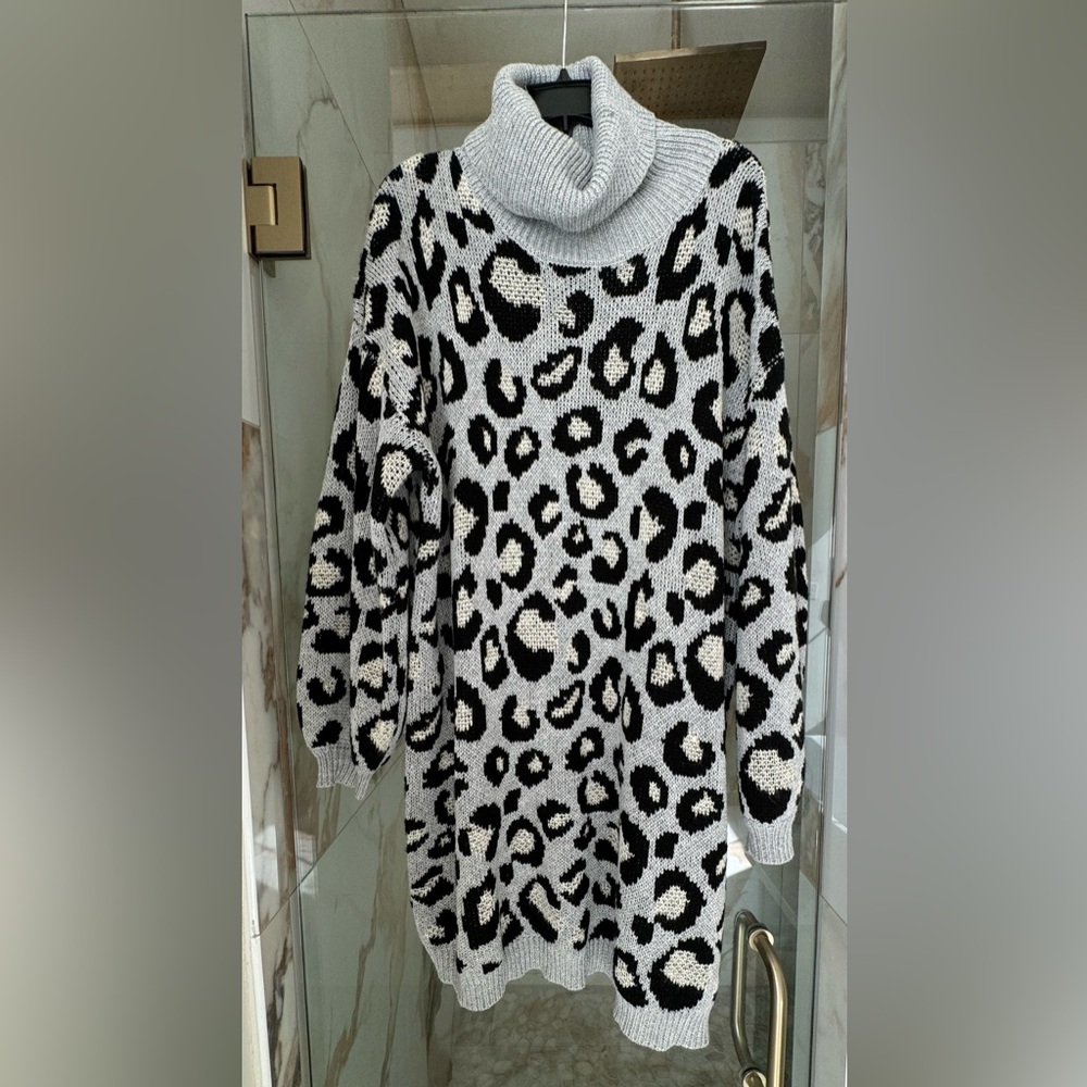 Very soft grey, black and tan cheetah print turtleneck sweater mini dress